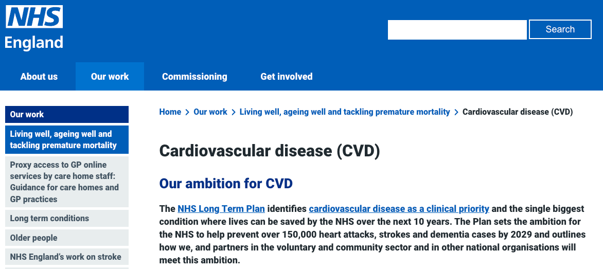NHS England webpage screenshot describing cardiovascular disease (CVD)