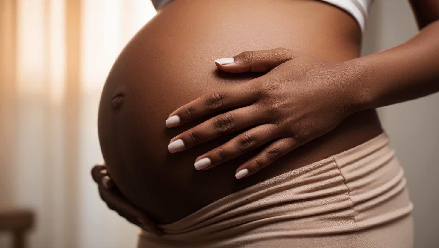 Close up of a pregnant woman gently holding her belly.